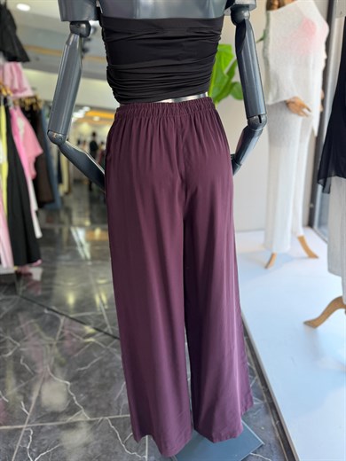Mürdüm Beli Lastikli Tencel Pantolon