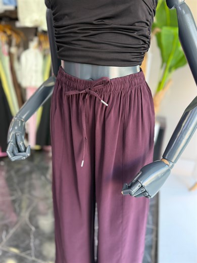Mürdüm Beli Lastikli Tencel Pantolon