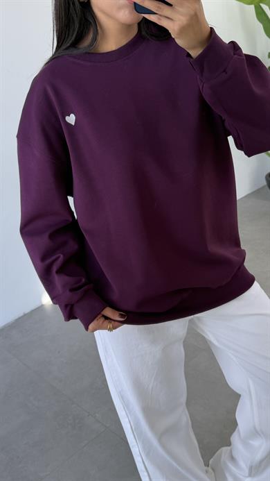 Mürdüm Kalp Nakışlı Sweatshirt