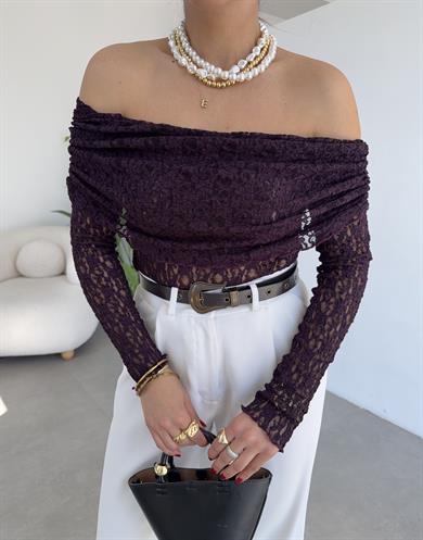 Mürdüm Madonna Yaka Dantel Bluz