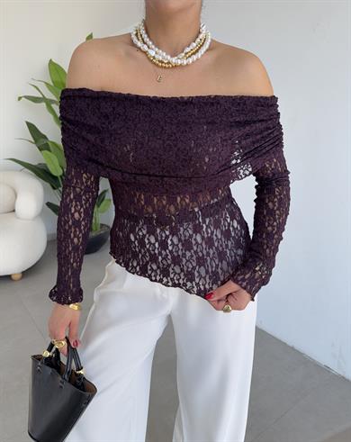 Mürdüm Madonna Yaka Dantel Bluz