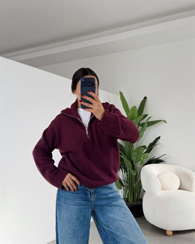 Mürdüm Yakası Fermuarlı Triko Kazak