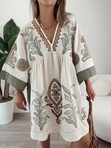 Nakışlı Ekru Keten Elbise