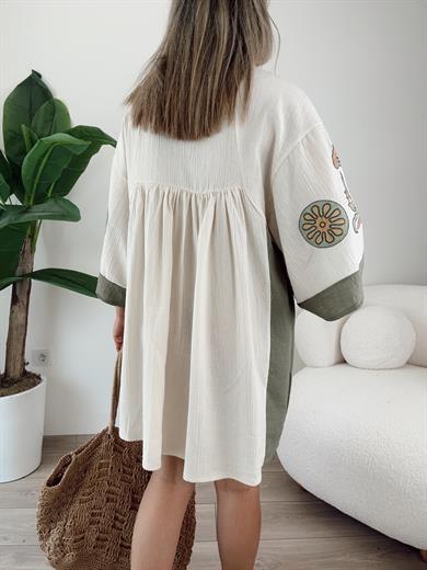 Nakışlı Ekru Keten Elbise
