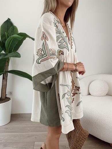 Nakışlı Ekru Keten Elbise