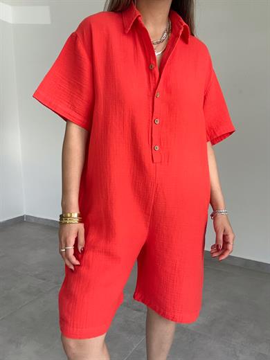 Nar Çiçeği Müslin Yakalı Tulum