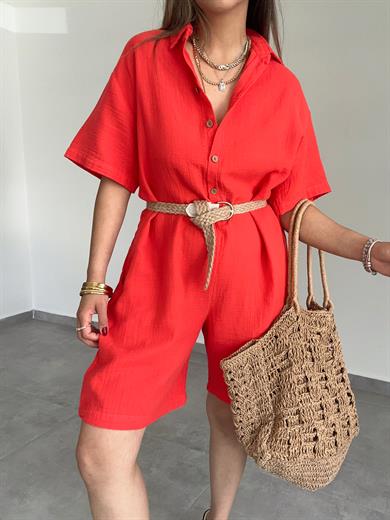 Nar Çiçeği Müslin Yakalı Tulum