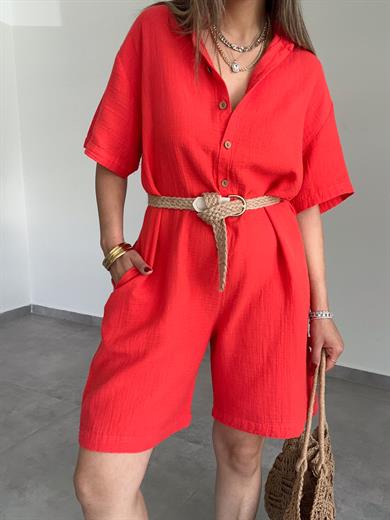 Nar Çiçeği Müslin Yakalı Tulum