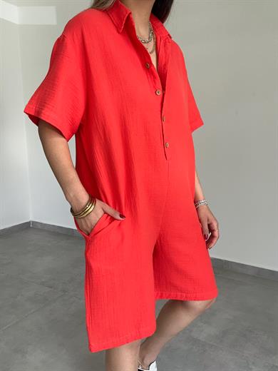 Nar Çiçeği Müslin Yakalı Tulum