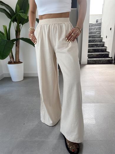 Naturel Beli Lastikli Bol Paça Pantolon