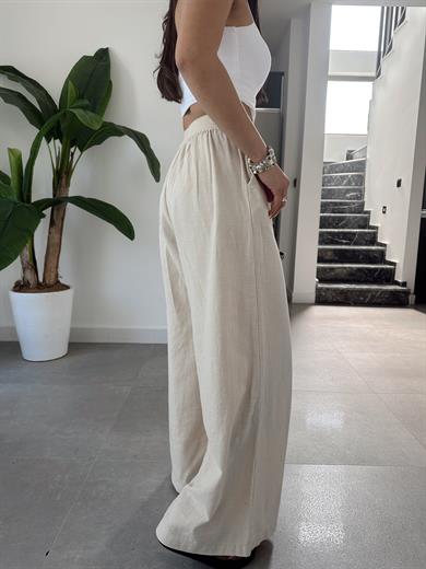 Naturel Beli Lastikli Bol Paça Pantolon