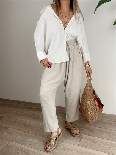 Naturel Beli Lastikli Keten Pantolon