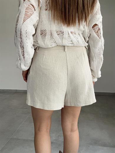 Naturel Kemerli Ve Düğmeli Keten Şort