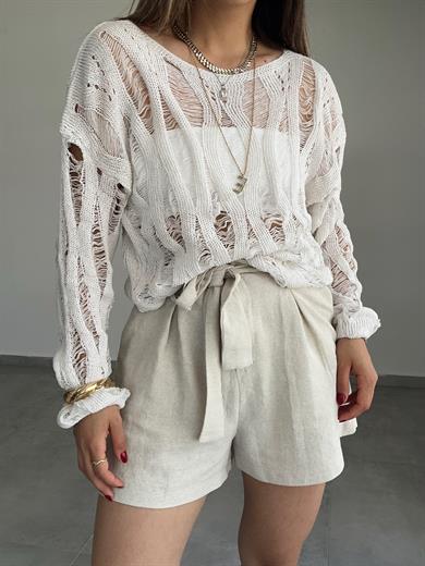 Naturel Kemerli Ve Düğmeli Keten Şort