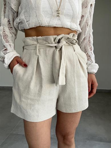 Naturel Kemerli Ve Düğmeli Keten Şort