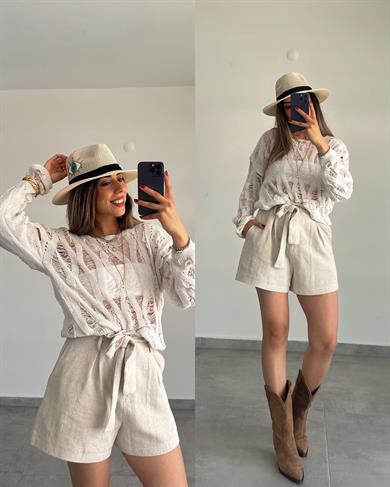 Naturel Kemerli Ve Düğmeli Keten Şort