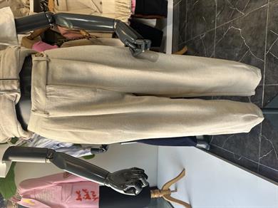 Naturel Tek Düğmeli Pileli Keten Pantolon