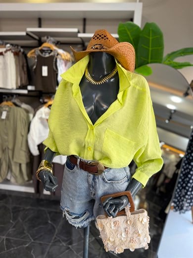 Neon Sarı Düşük Omuz Oversize Gömlek