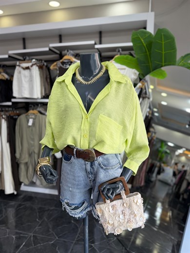 Neon Sarı Düşük Omuz Oversize Gömlek