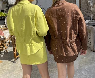 Neon Sarı Sim Detaylı Gabardin Ceket Etek Takım