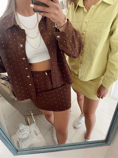 Neon Sarı Sim Detaylı Gabardin Ceket Etek Takım