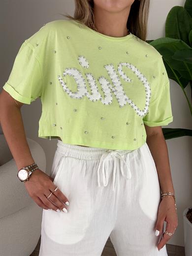 Neon Yeşil Taşlı Tişört