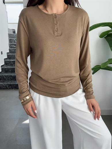 Olive Önden Düğmeli Likralı Bluz