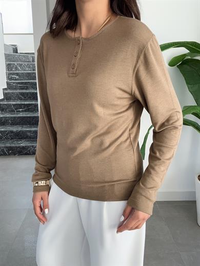 Olive Önden Düğmeli Likralı Bluz