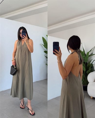 Olive Sırt Detaylı Boyundan Bağlamalı Elbise