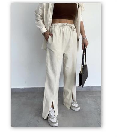 Önü Yırtmaçlı Beli Lastikli Ham Keten Pantolon