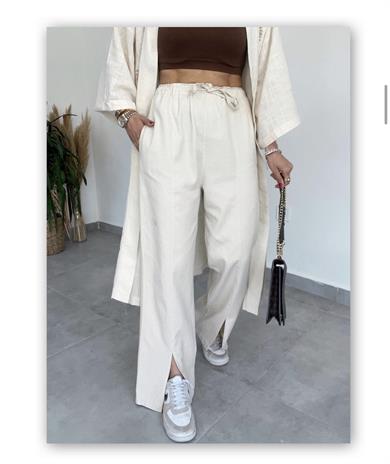 Önü Yırtmaçlı Beli Lastikli Ham Keten Pantolon