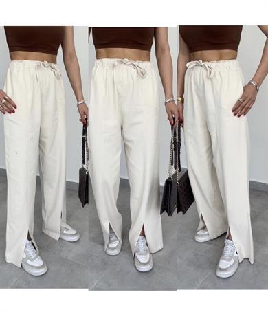 Önü Yırtmaçlı Beli Lastikli Ham Keten Pantolon