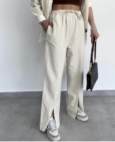 Önü Yırtmaçlı Beli Lastikli Ham Keten Pantolon