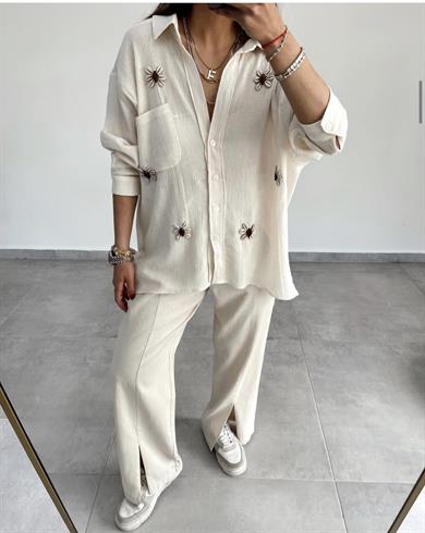 Önü Yırtmaçlı Beli Lastikli Ham Keten Pantolon