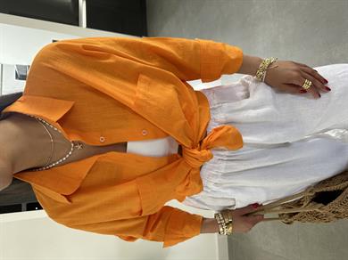 Orange Flamlı Keten Çift Cep Oversize Gömlek