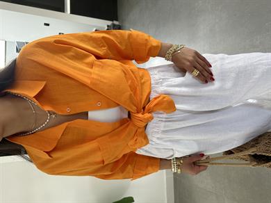 Orange Flamlı Keten Çift Cep Oversize Gömlek