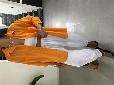 Orange Flamlı Keten Çift Cep Oversize Gömlek