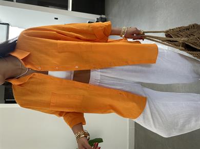 Orange Flamlı Keten Çift Cep Oversize Gömlek