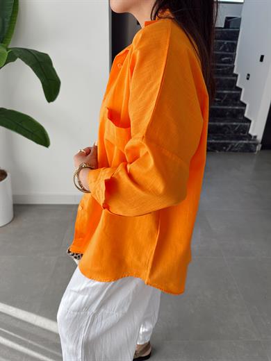Orange  Flamlı Keten Tek Cep Oversize Gömlek