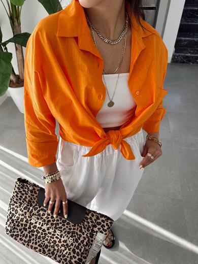 Orange  Flamlı Keten Tek Cep Oversize Gömlek