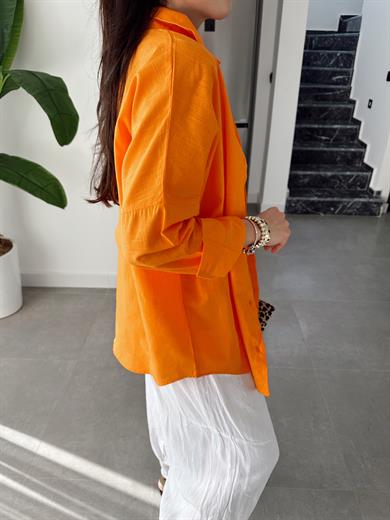 Orange  Flamlı Keten Tek Cep Oversize Gömlek