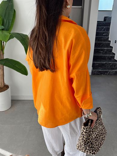 Orange  Flamlı Keten Tek Cep Oversize Gömlek
