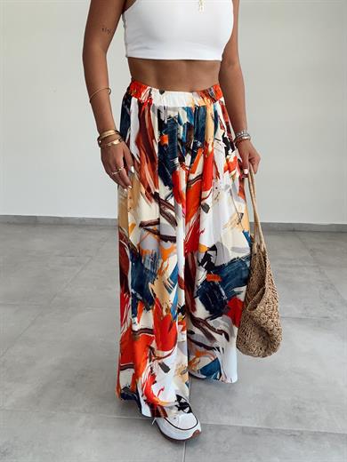 Orange-İndigo Desenli Beli Lastikli Pantolon