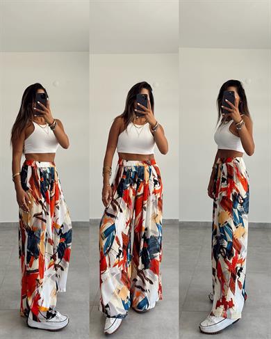 Orange-İndigo Desenli Beli Lastikli Pantolon