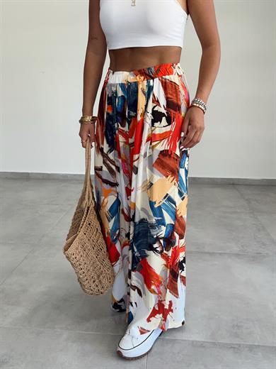 Orange-İndigo Desenli Beli Lastikli Pantolon