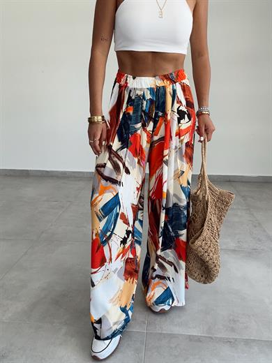 Orange-İndigo Desenli Beli Lastikli Pantolon