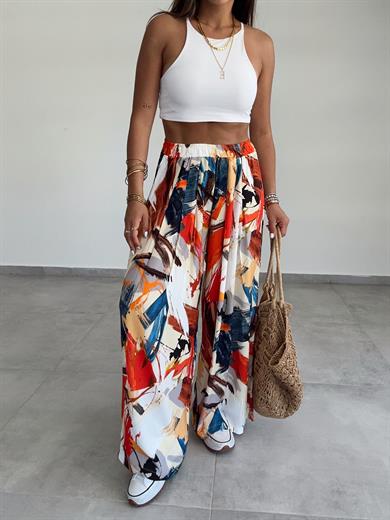 Orange-İndigo Desenli Beli Lastikli Pantolon