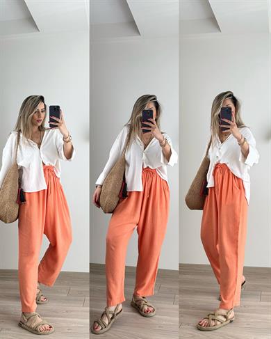 Oranj Beli Lastikli Keten Pantolon
