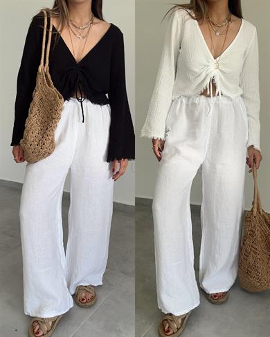 Organik Keten Beyaz Bol Paça Pantolon