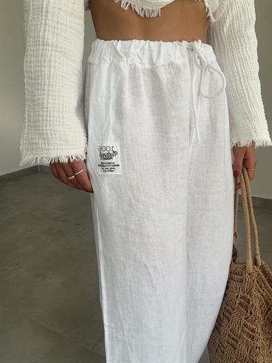 Organik Keten Beyaz Bol Paça Pantolon